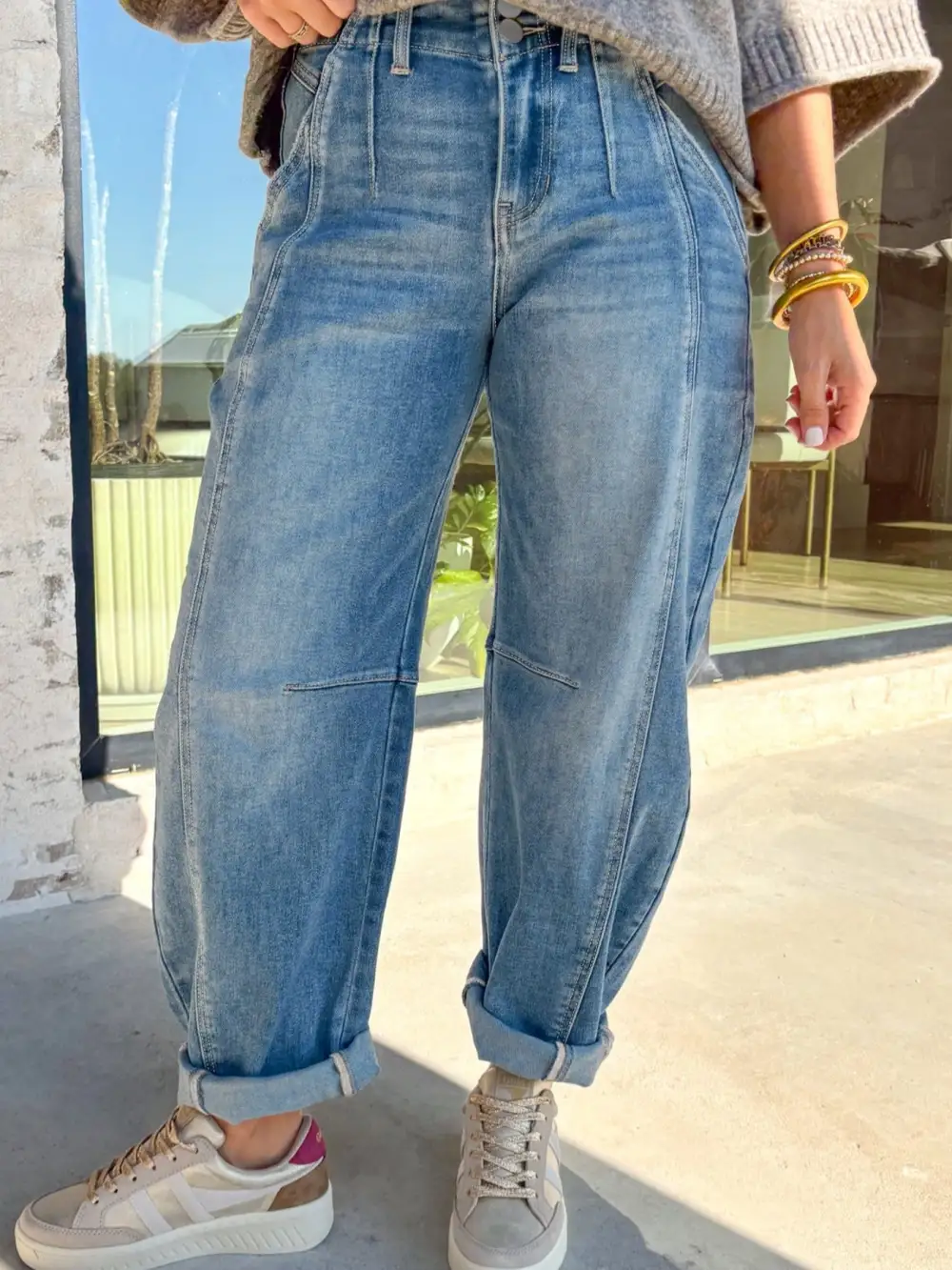 Barrel Leg Washed Cuffed Denim Jeans