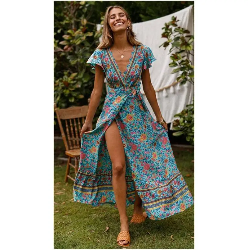 Short Sleeve Boho Floral High Split Maxi Dress