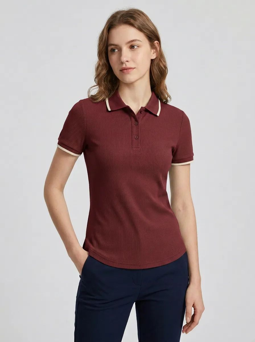 Women's Relaxed Ribbed Contrast-Trim Polo Shirt