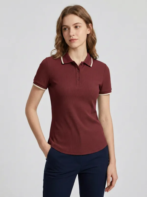 Women's Relaxed Ribbed Contrast-Trim Polo Shirt