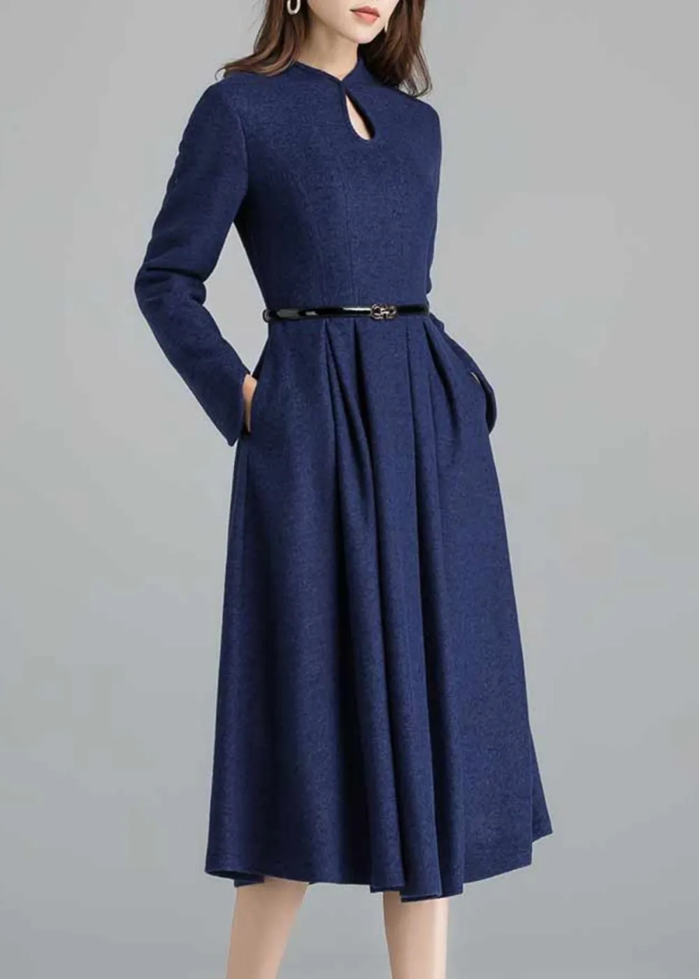 Classic Wool Blend A Line Pleated Long Sleeve Midi Dress