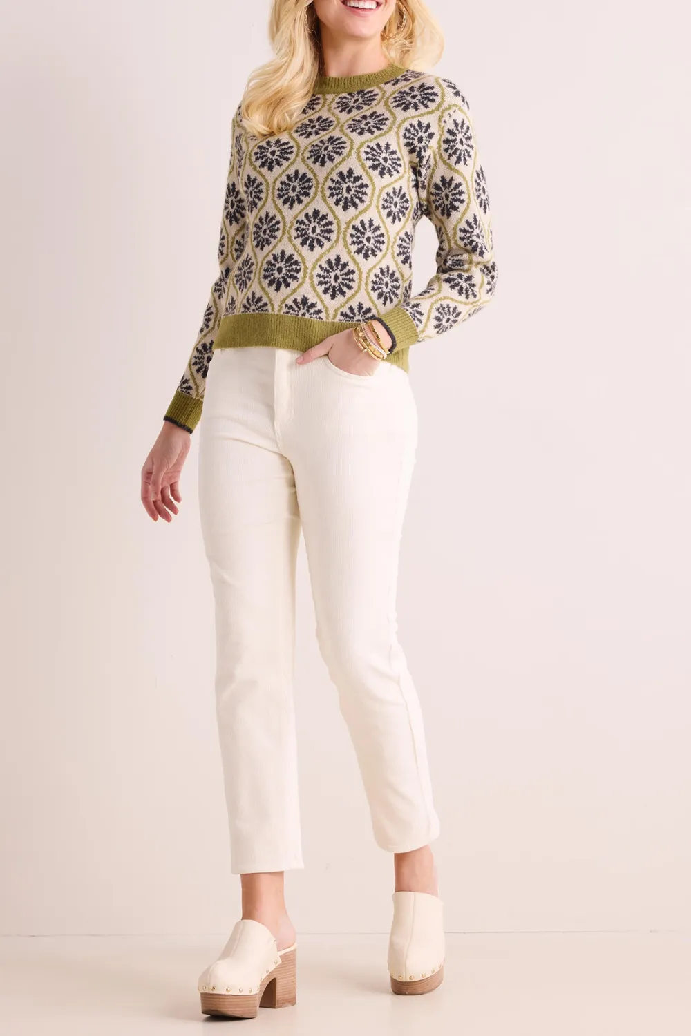 Green Floral Pattern Crew Neck Knitted Sweater