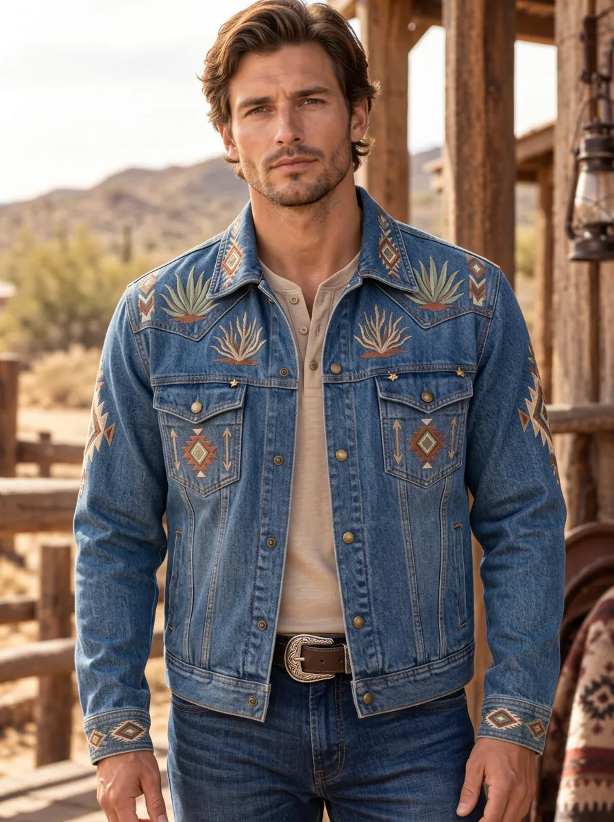 Men's Classic Western Cowboy Cactus Geometric Jacket