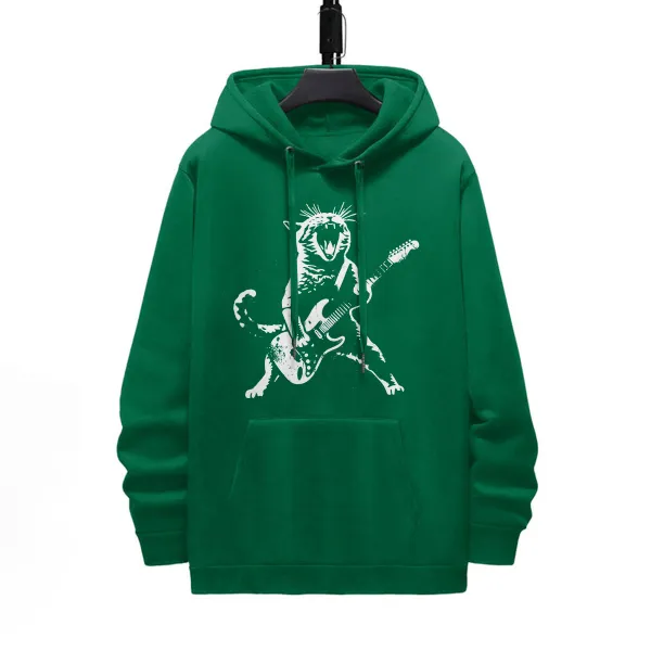 Cat Playing Guitar Pattern Printed Hoodie