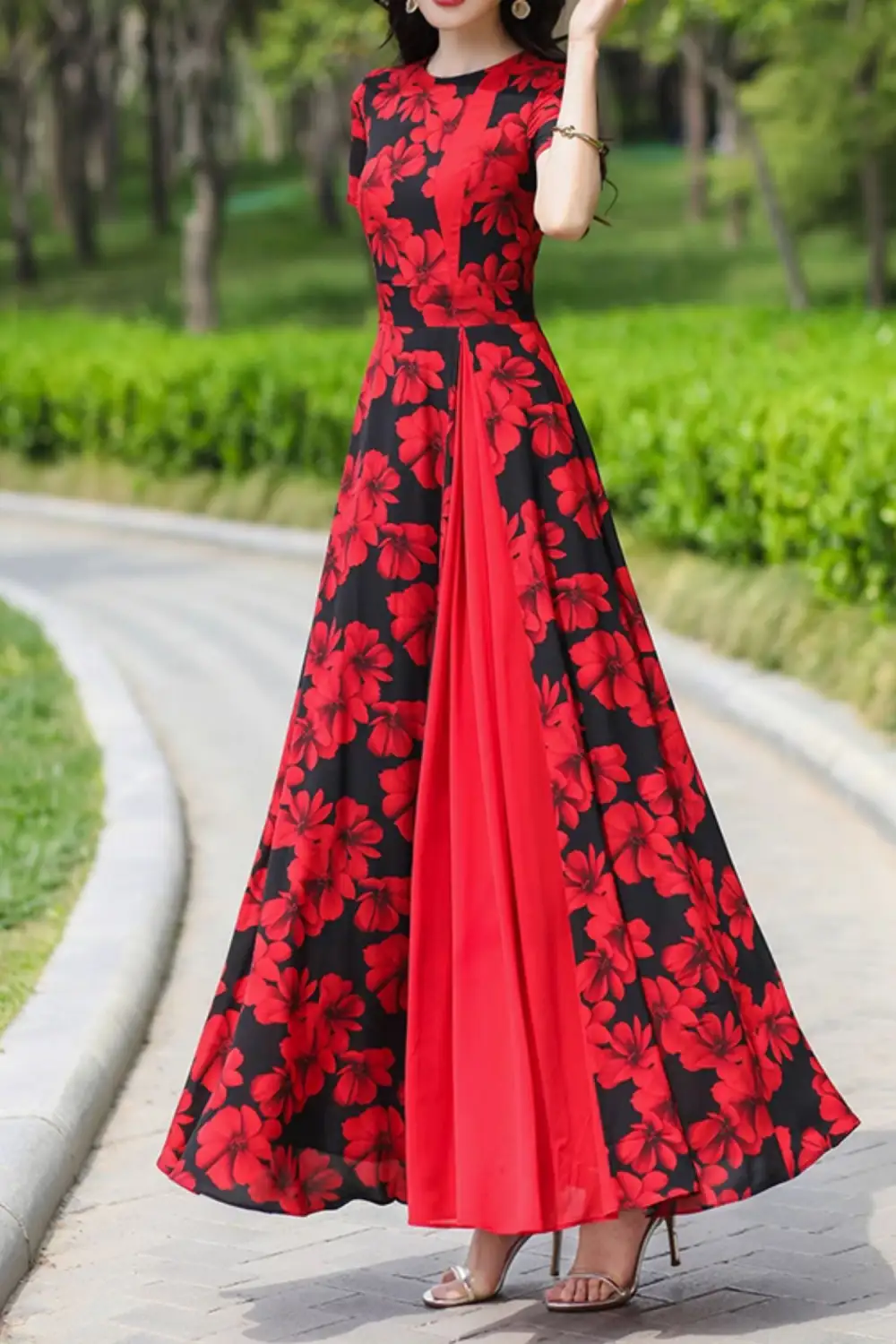 Relaxed Floral Chiffon Short Sleeve Maxi Dress