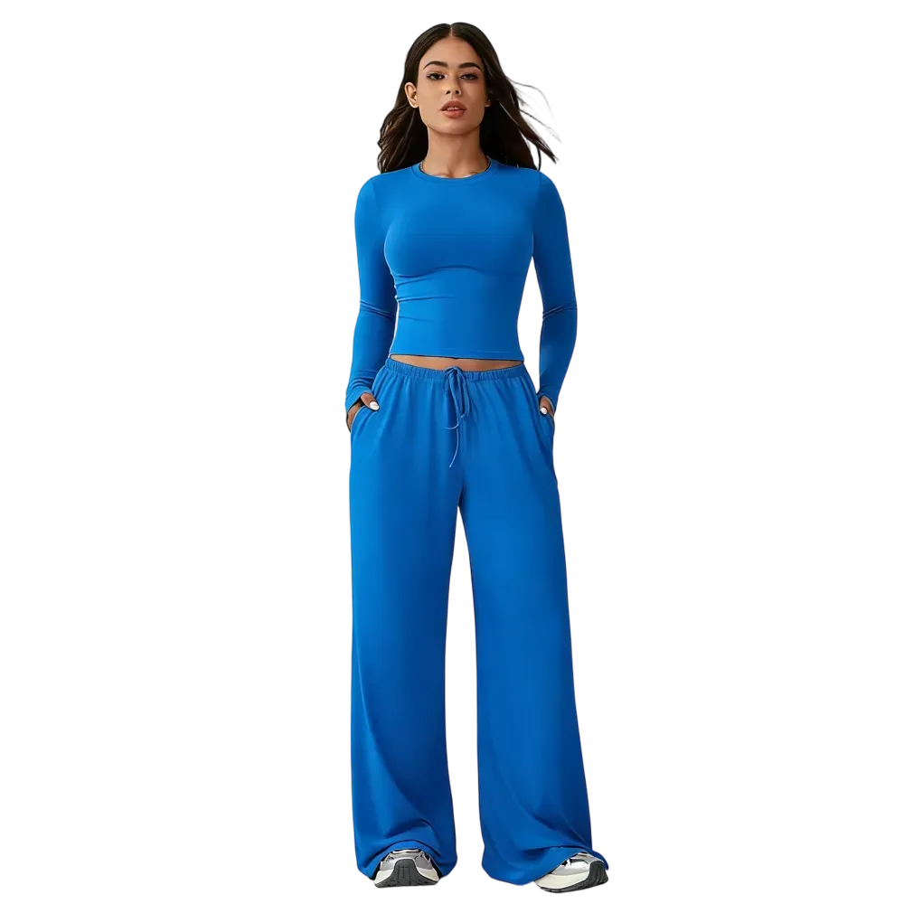 Women's two-piece tracksuit set, long-sleeved crop top and wide-leg pants