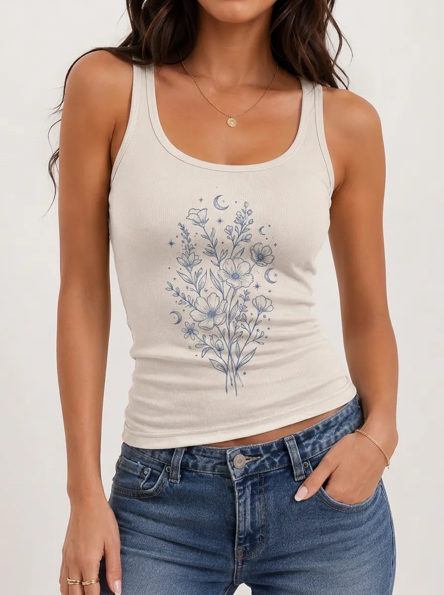 Women's Moon Star Floral Scoop Ribbed Tank
