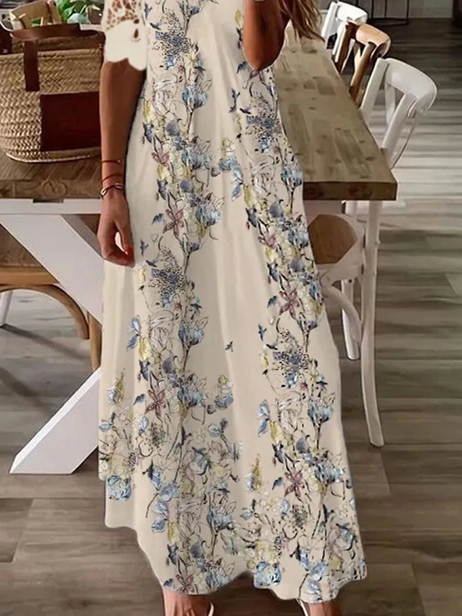 V-neck Floral Print Casual Short Sleeve Maxi Dress