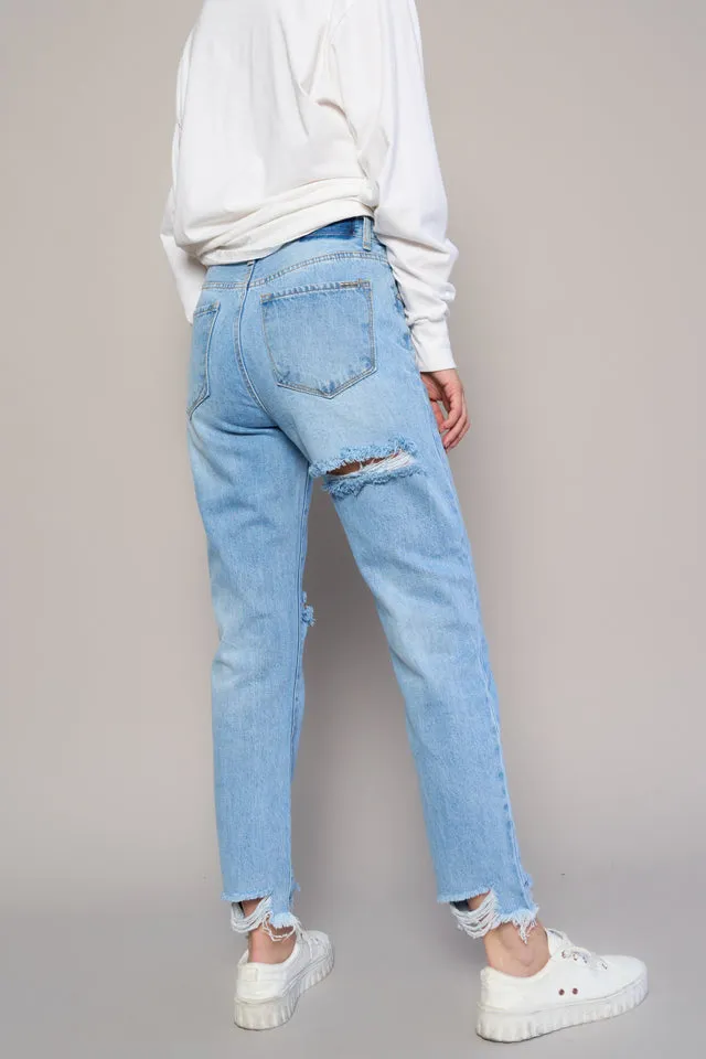 Women's High Waist Frayed Hem Distressed Girlfriend Rigid Denim Jeans