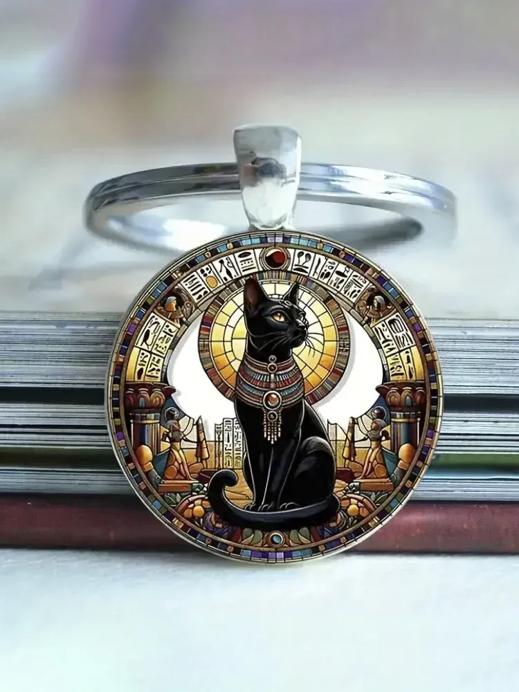 Ancient Egyptian Black Cat Time Gemstone Keychain