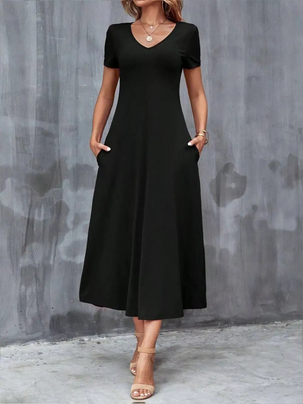 V Neck Short Sleeve Dress Casual