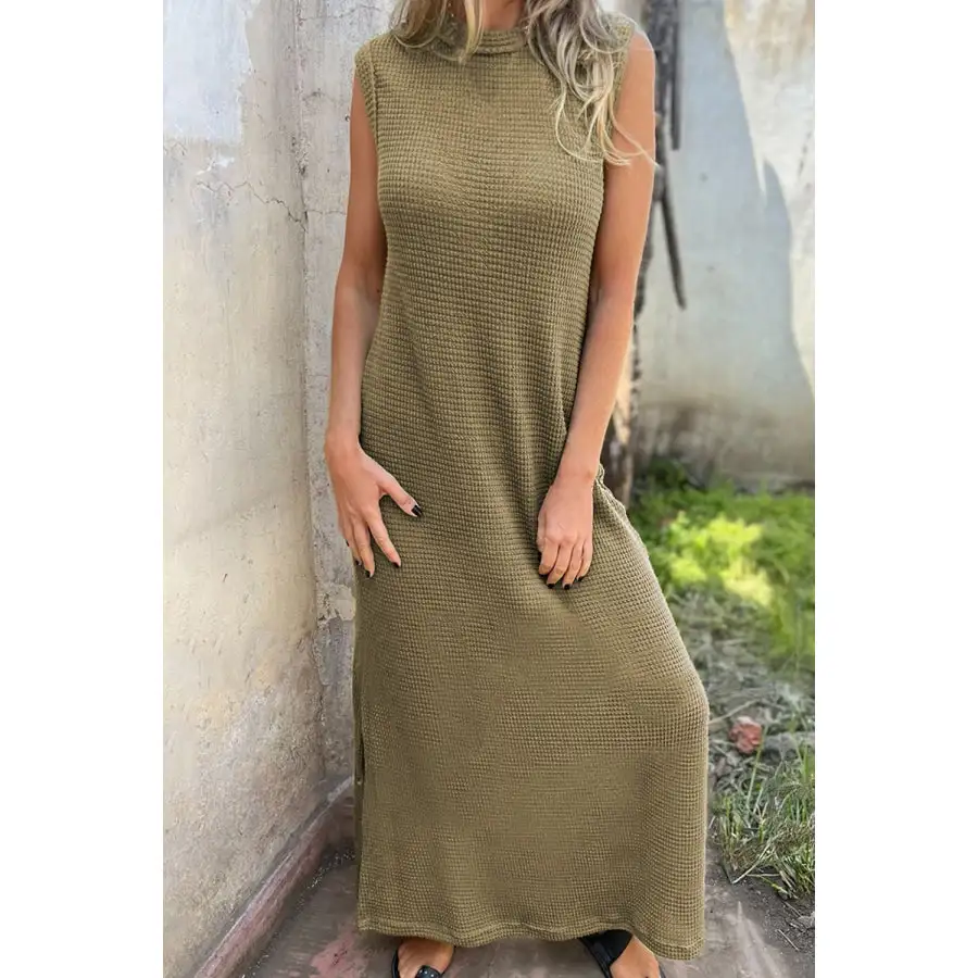Waffle Knit Slit Sleeveless Maxi Dress
