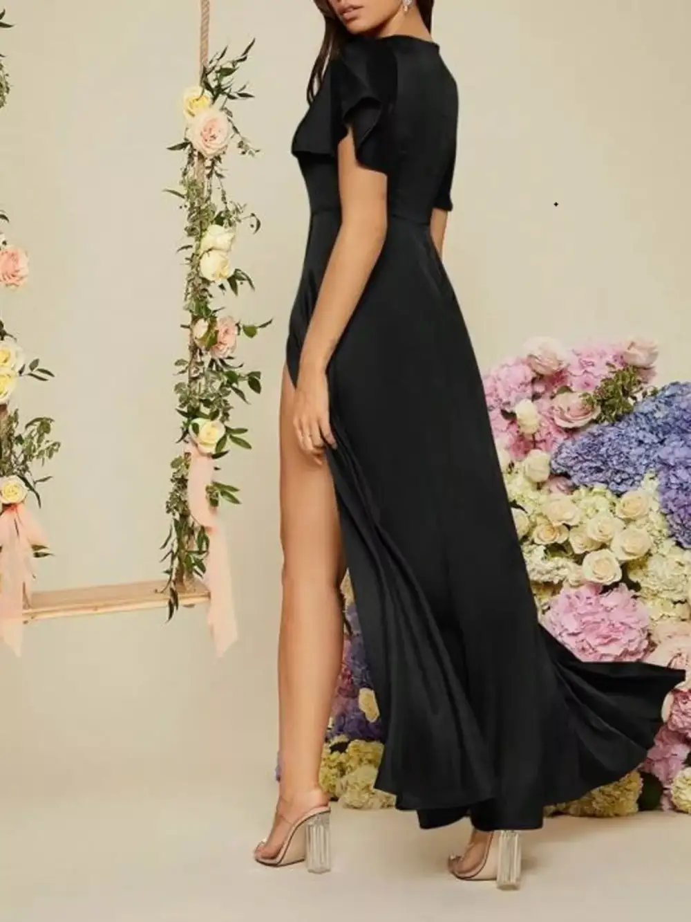 Slit Flutter Sleeve Maxi Dress