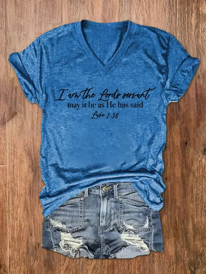 Women's I am the Lord's Servant - Luke 1:38 Scripture Print V-Neck T-Shirt