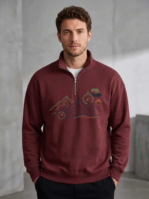 Men's Ridge Outdoor Mountain Compass Graphic Quarter-Zip-Neck Sweatshirt