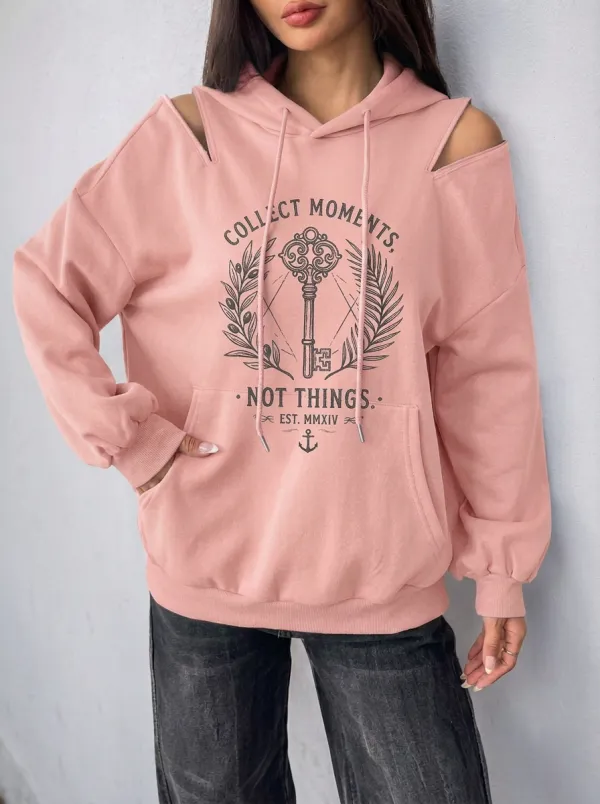Women's Vintage Key Quote Graphic Cold-Shoulder Hoodie
