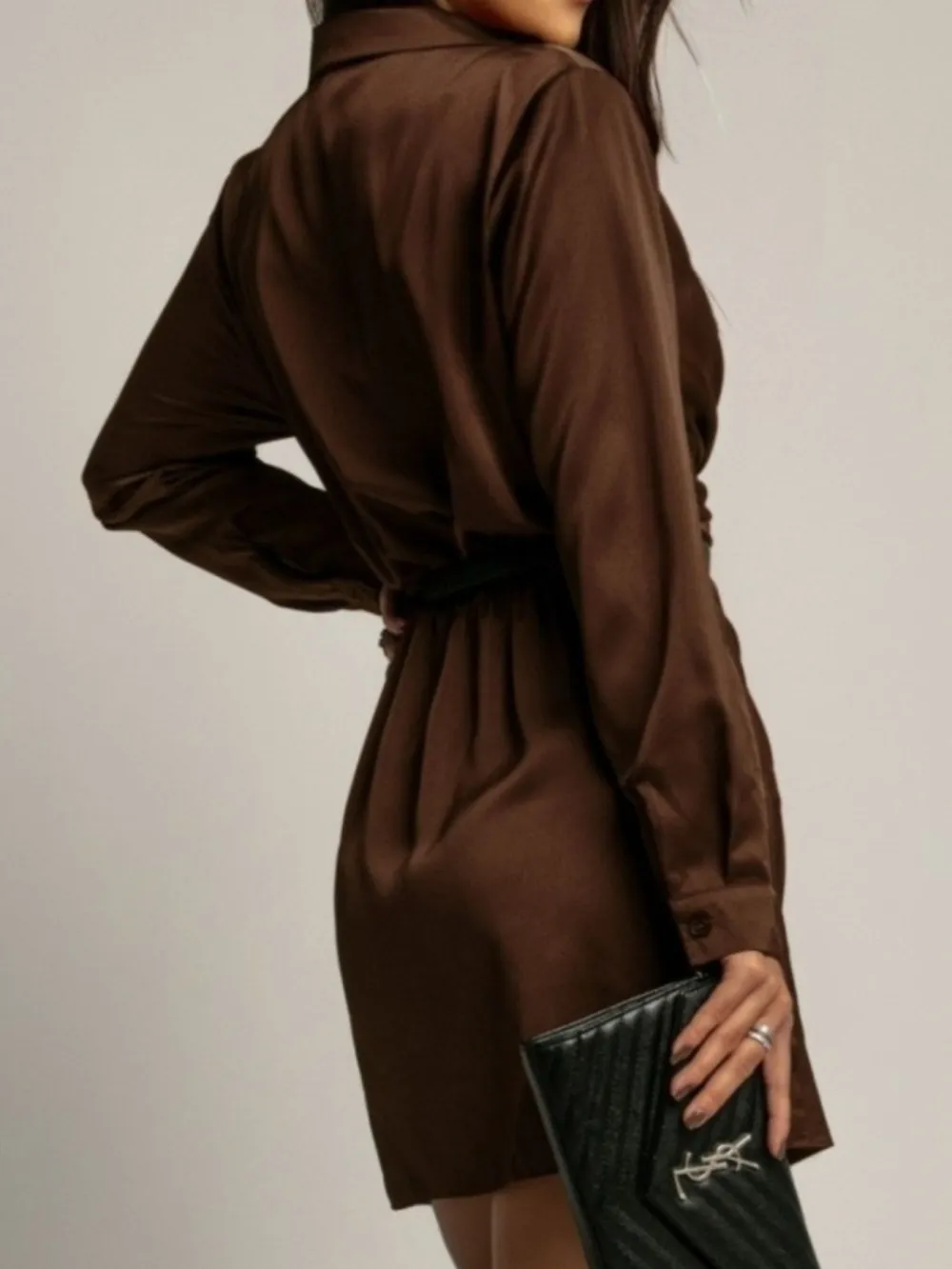 Satin Long Sleeve Collared Dress Casual
