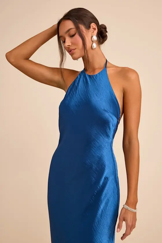 Magnificence Blue Satin Backless Halter Maxi Dress