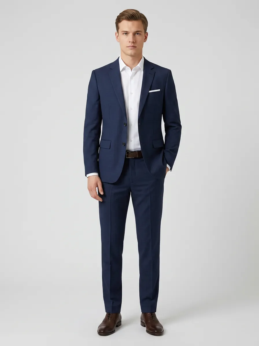 Men's Two Button Business Formal Navy Blue Solid Color Suit Set