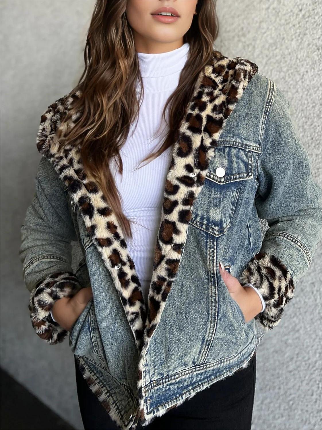 Denim Jacket with Leopard Fur Collar