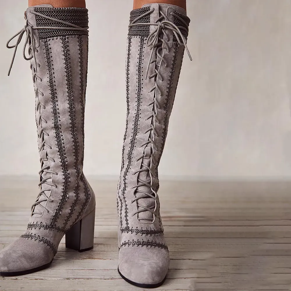 Faux-Suede Lace-Up Round-Toe Chunky-Heel Knee-High Boots