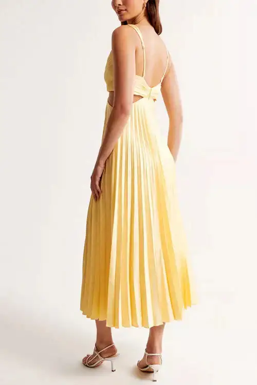 Pleated V Neck Midi Dress