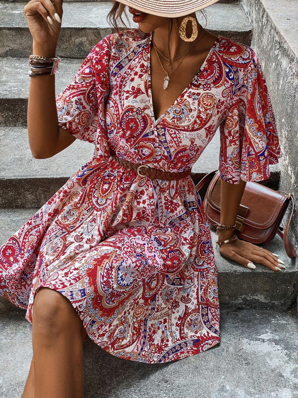 Plus Size Allover Paisley Print Tie Back Butterfly Sleeve Dress Without Belt