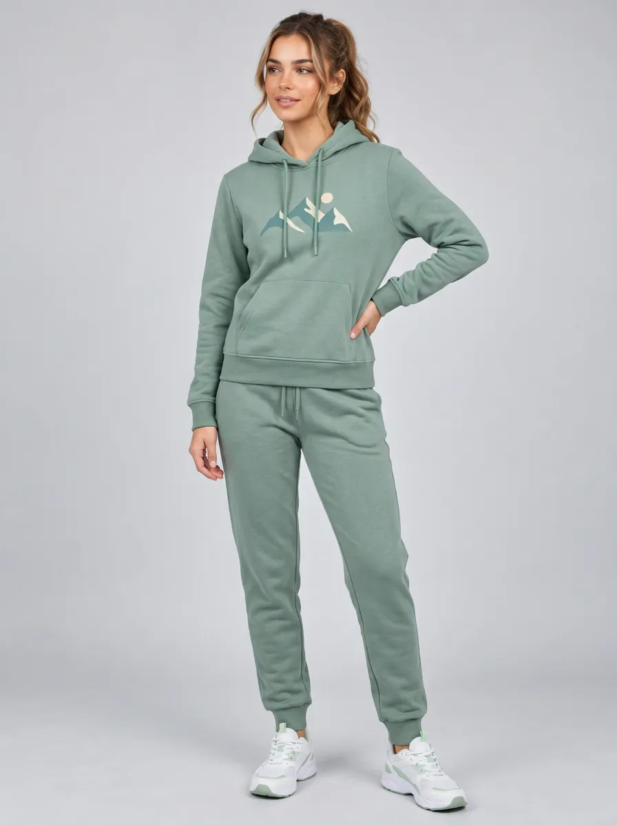Women's Sage Green Everyday Solid Hoodie & Pants Set