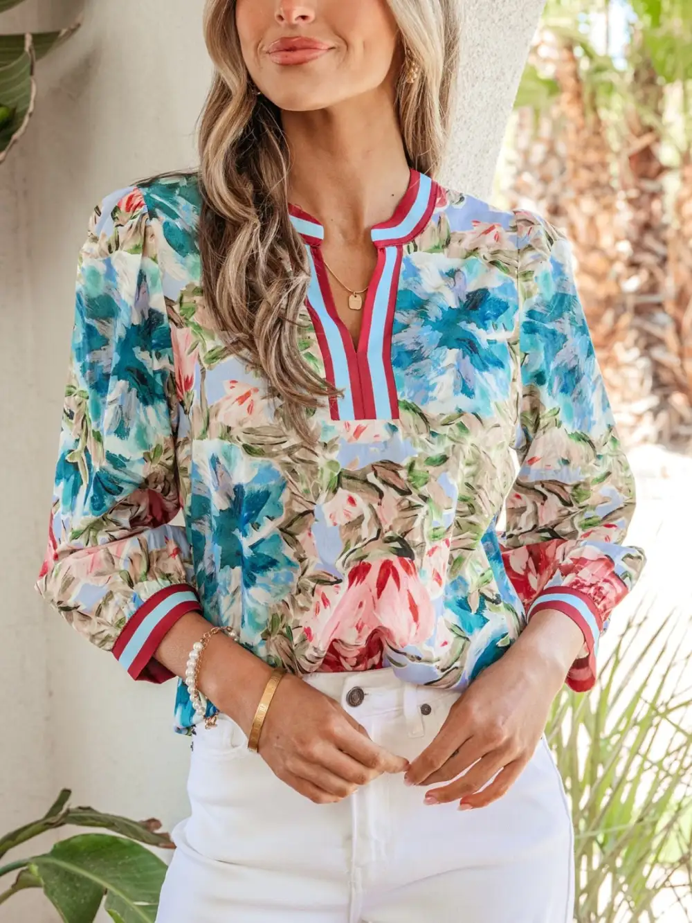 Contrast Trim V Neck Cuffed Bracelet Sleeve Blouse