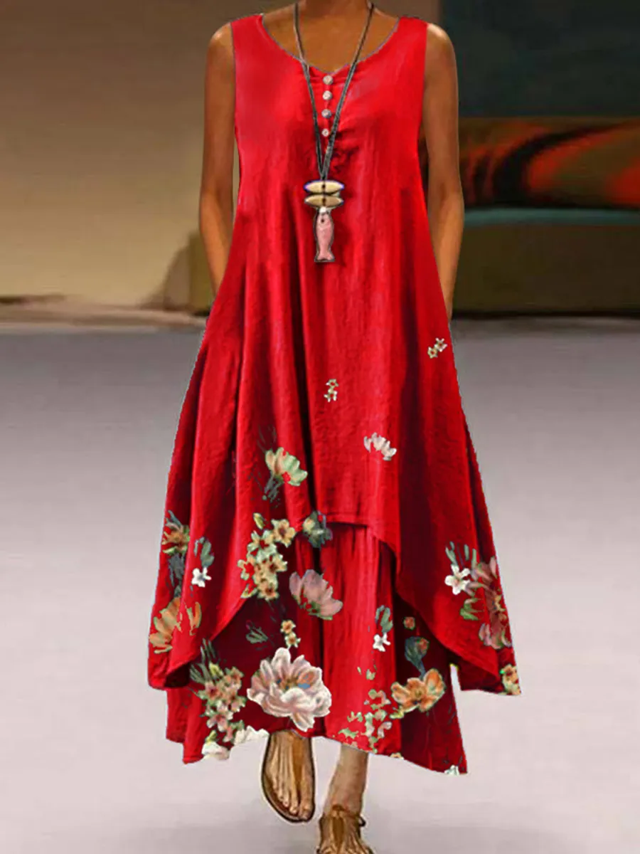 Irregular Sleeveless Printed Dress