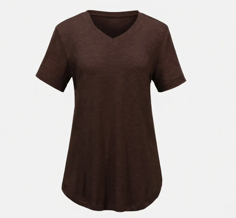 Women's Casual V-Neck Solid Color T-Shirt with Curved Hem
