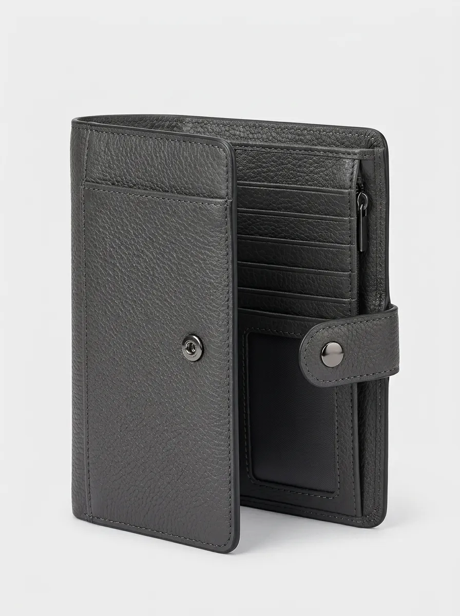 Men's Minimalist Textured Leather Snap Button Wallet