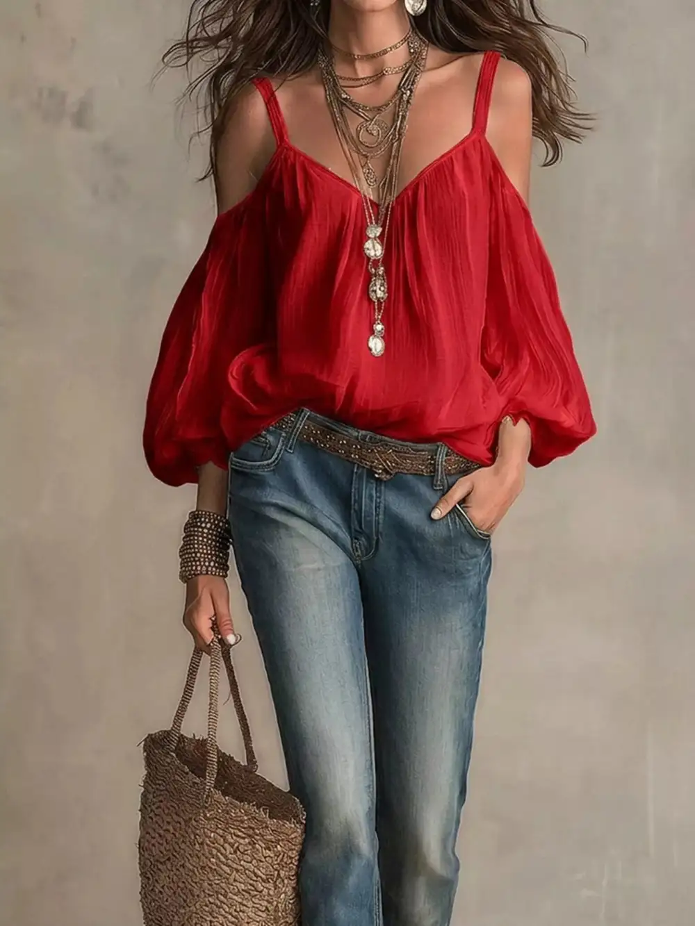 Cold Shoulder Balloon Sleeve Blouse