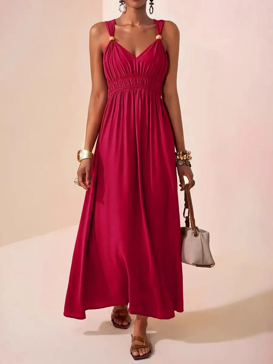 Spaghetti Pleated Neck Maxi Dress