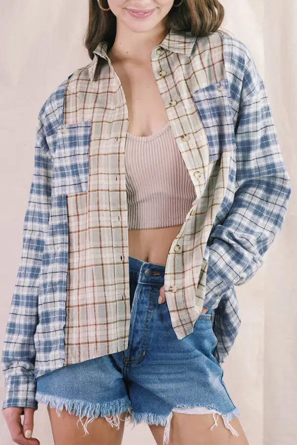 Plaid Color Block Pocket Button-Up Long Sleeve Shirt