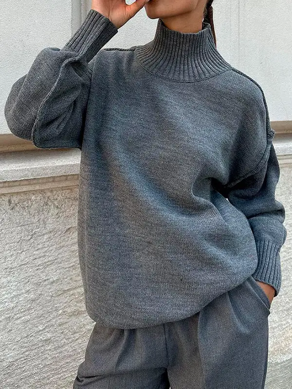 Paneled High Neck Long Sleeve Relaxed Fit Easy Fit Pullover Sweater