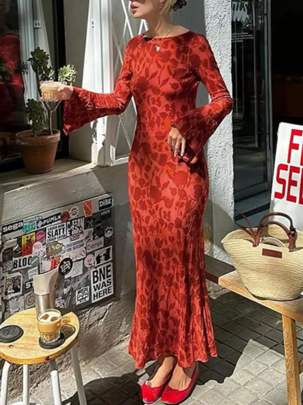 Floral Print Fare Sleeve Maxi Dress