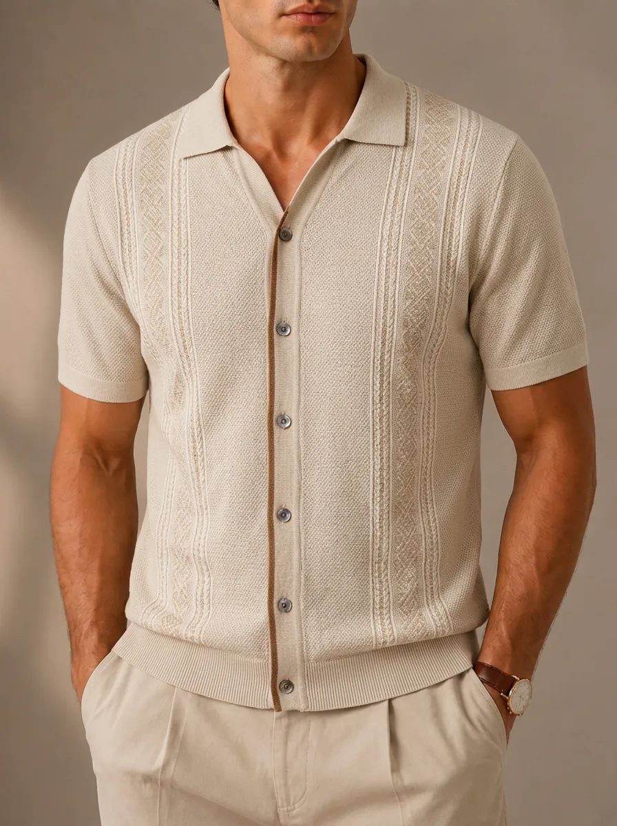 Men's Vintage Knit Textured Vertical Stripe Buttoned Polo Shirt