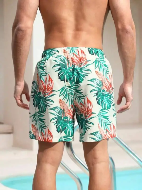 Men's Tropical Allover Print Drawstring Swim Trunks