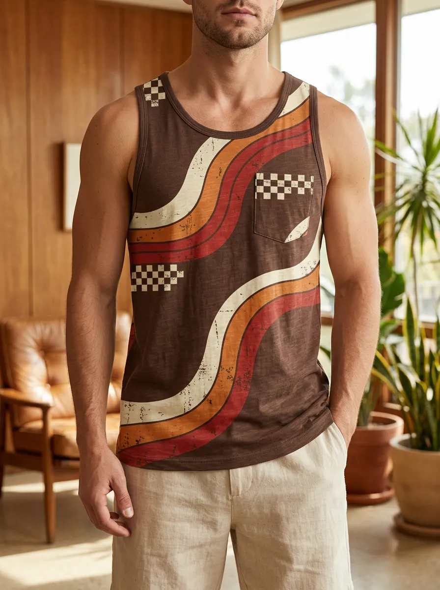 Men's Retro S Wavy Stripe Checkerboard Tank Top