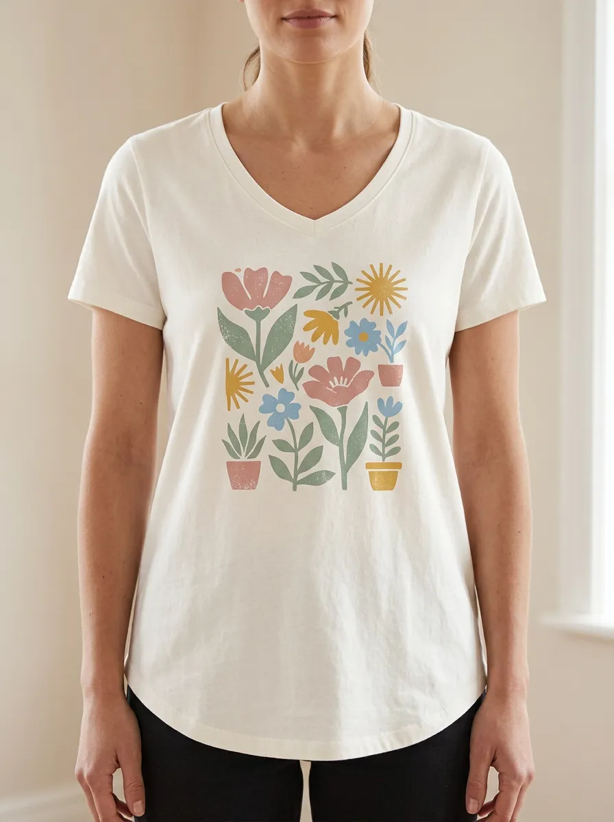 Women's Botanical Garden Floral Sun Print V-Neck T-Shirt