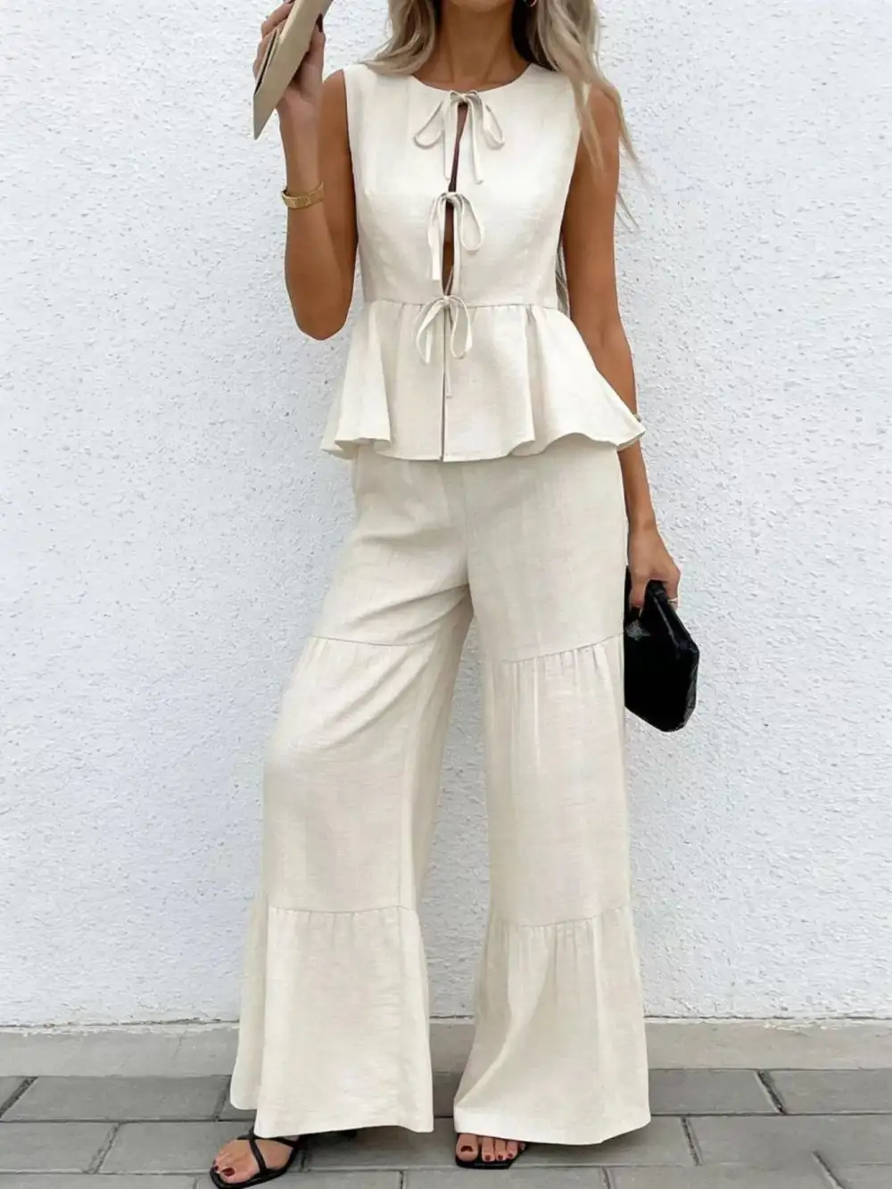 Sleeveless Tie Front Top and Wide Leg Pants Set
