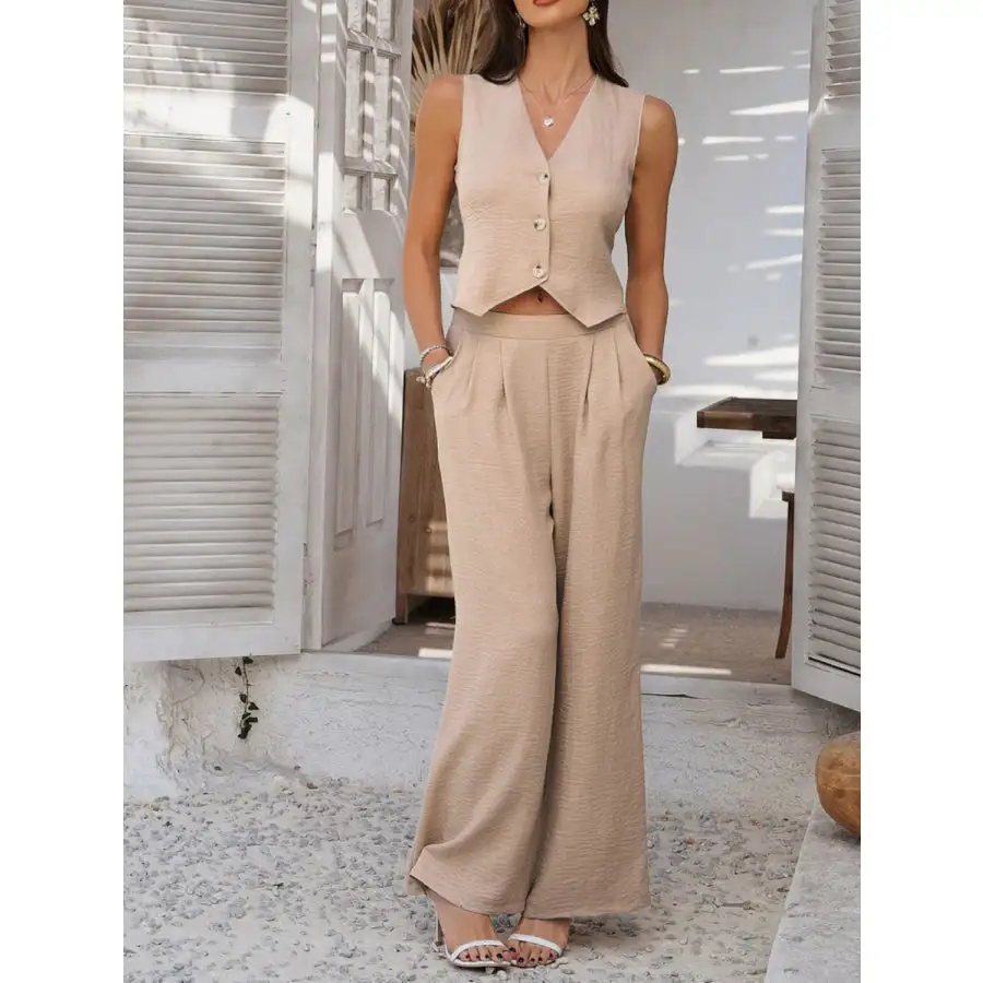 Button Down Vest and Wide Leg Pants Set