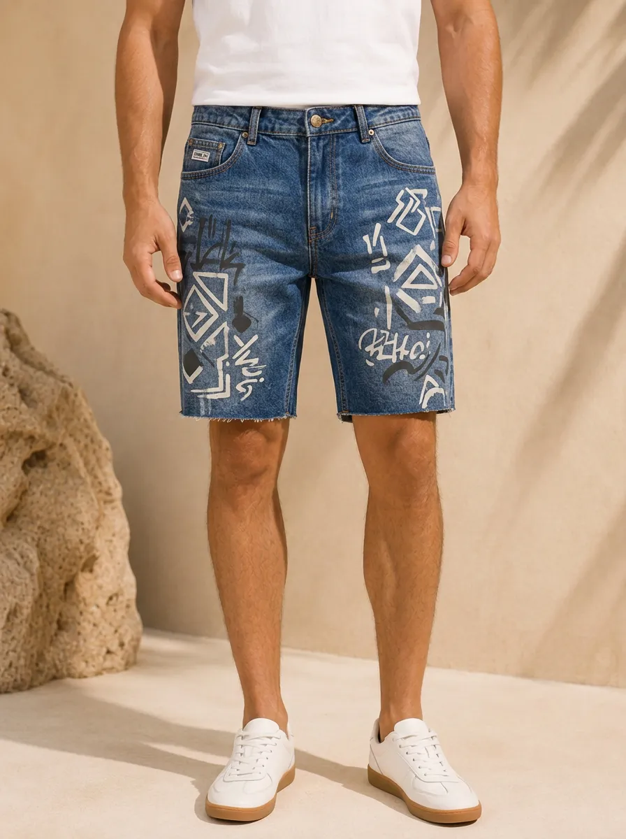 Men's Streetwear Graffiti Pattern Printed Denim Shorts