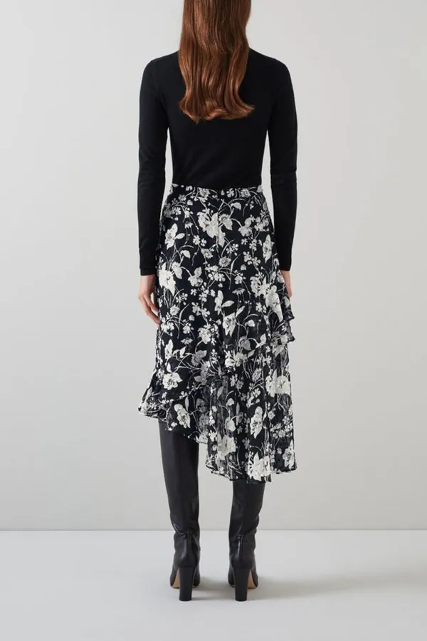 Black Cream Floral Print Tiered Midi Skirt