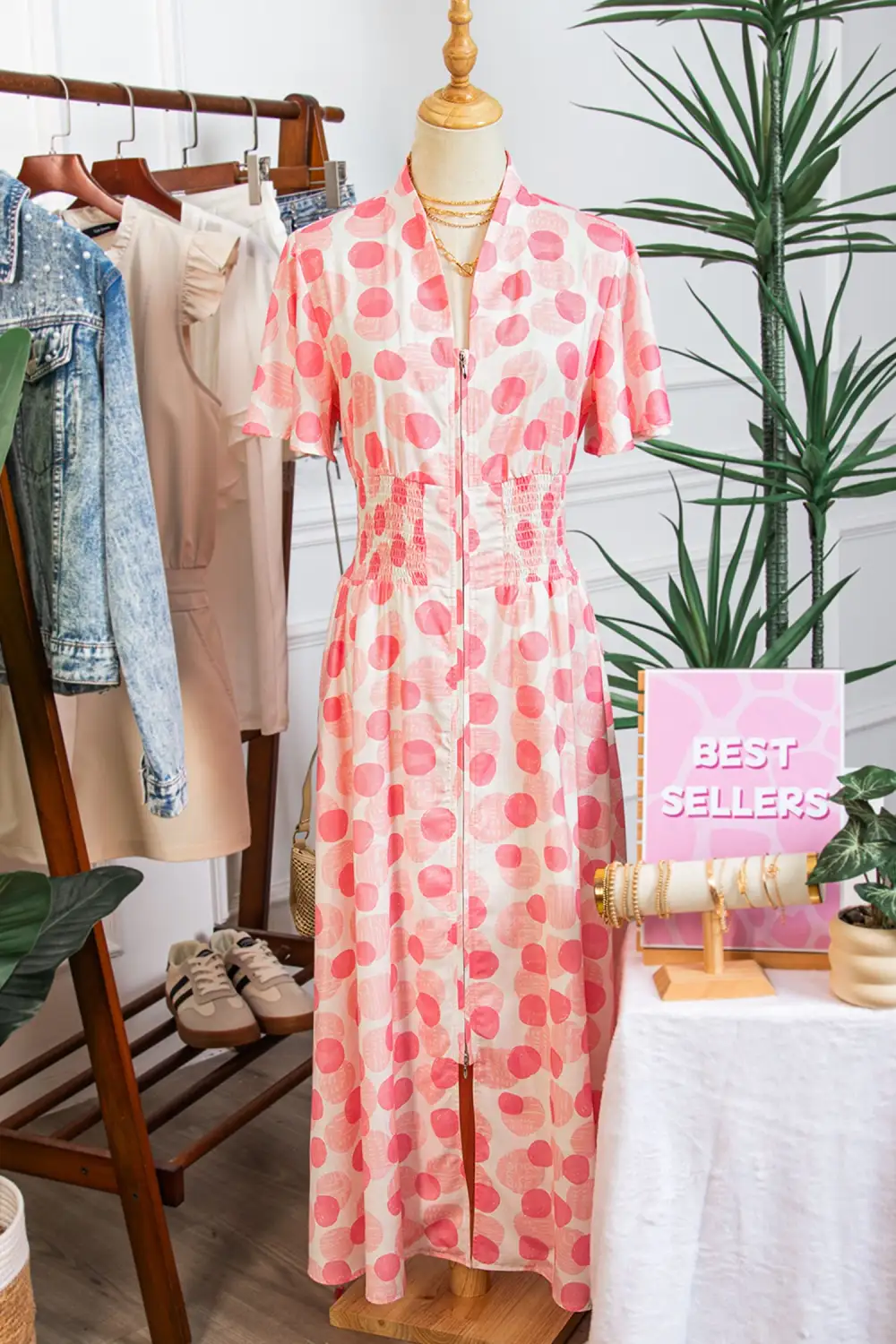 Polka Dot Printed Zip Front Dress Casual