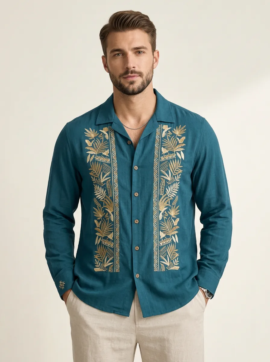 Men's Contemporary Botanical Embroidered Long Sleeve Shirt