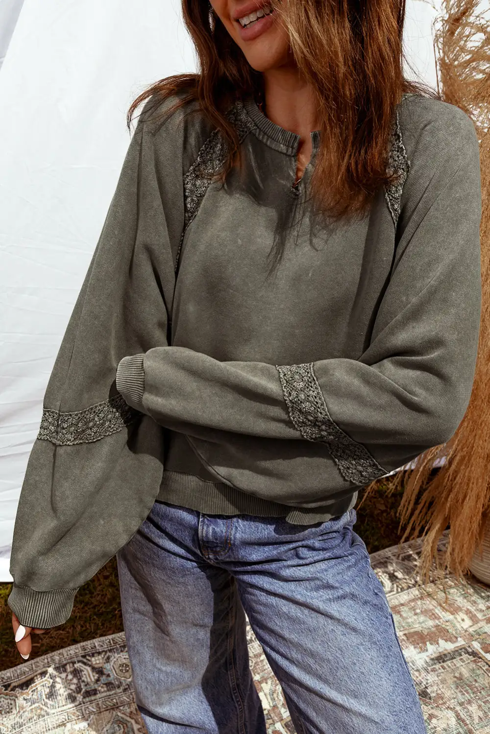 Soft Feel Relaxed Patchwork Mineral Wash Lace Detail Sweatshirt