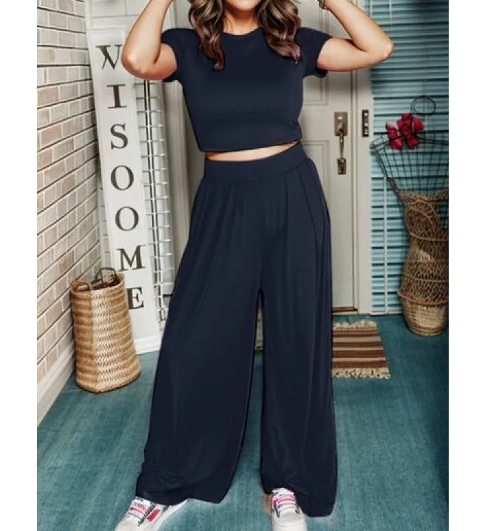 Short Sleeve Top and Wide Leg Pants Set