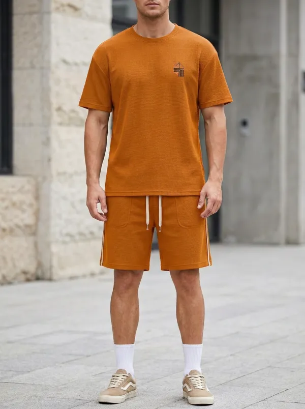 Classic Waffle Texture Geometric Pattern Collection Men's T-Shirt And Shorts Set